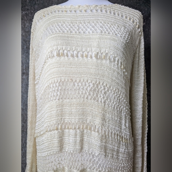 Y2K Cottagecore Crochet Beaded Cream Sweater - Picture 3 of 7